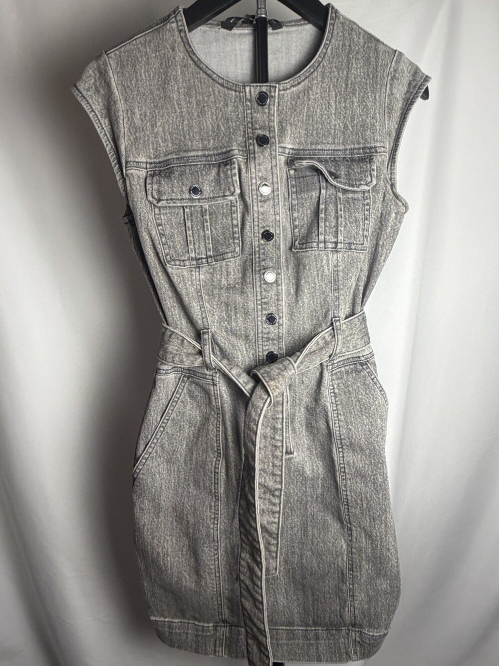 White House Black Market Denim Mini Dress Womens Size 2 Gray Button Front Belted